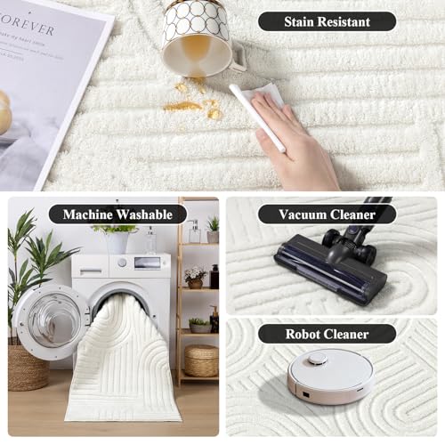 SHACOS Soft Cozy Fluffy Arch Pattern High Low Pile Area Rugs 8'x10' Large Non Slip Washable Modern Geometric Rug Scandinavian Minimalist Carpet for Living Room Bedroom Dining Room, Cream White
