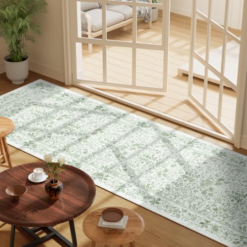 2.6x8 Runner Rug, Washable Vintage Floral Kitchen Rug, Sage Green