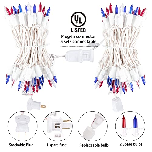 4th of July Decoration Patriotic Mini Lights - 100 Count 20 Feet Red White Blue Incandescent Bulb Waterproof String Lights Plug in for Indoor Outdoor Christmas Party Patio Independence Day Decoration