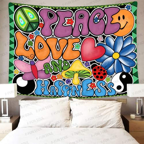 F-FUN SOUL Peace Love and Happiness Tapestry, 60x40inches Soft Flannel, 70s Theme Party Tapestries Hippie Aesthetic Tapestry Wall Hanging for Bedroom Living Room Decor GTZYFS915