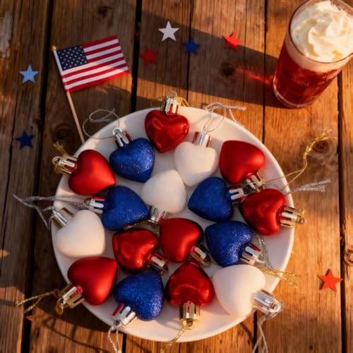 HipTree Mini Patriotic 4th of July Tree Ornaments Decorations,20ct 1.18 Inch Red White Blue Heart Shaped Baubles for Memorial Day, Independence Day,Veterans Day, Flag Day,American Party Decorations
