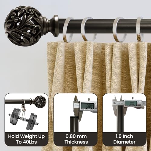Bronze Curtain Rods 18 to 64 inches (1.5-5.33 ft), 1 Inch Diameter Adjustable Heavy Duty Decorative Curtain Rods with Decorative Openwork Carved finials for Living Room Bedroom Windows