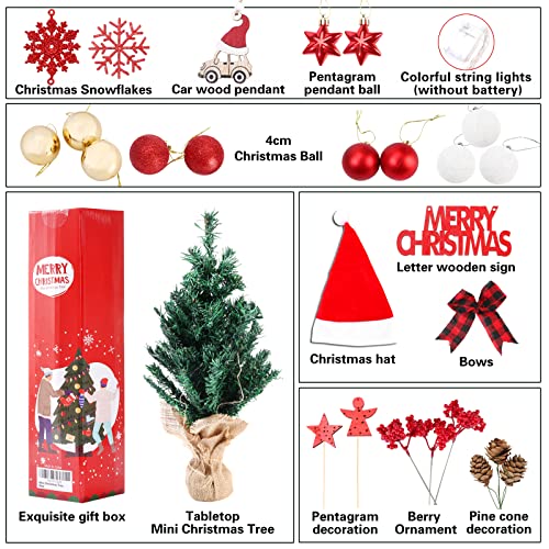 BSTCRAFT Mini Christmas Tree, 22 inches, Green, Artificial Tree with Lights, Santa Christmas Hat, Mini Christmas Ornaments for Tabletop Decorations