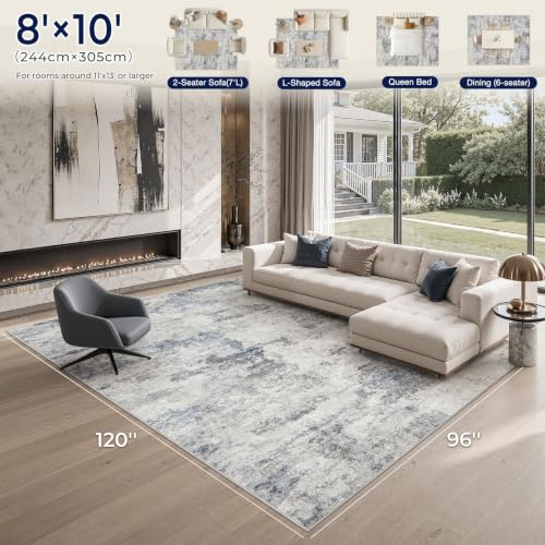 DMOYEST 8x10 Area Rug for Living Room, Washable & Non Slip Large Indoor Carpet, Kid & Pet Friendly Soft Thin Low Pile Abstract Rug for Bedroom and Office - Grey Blue