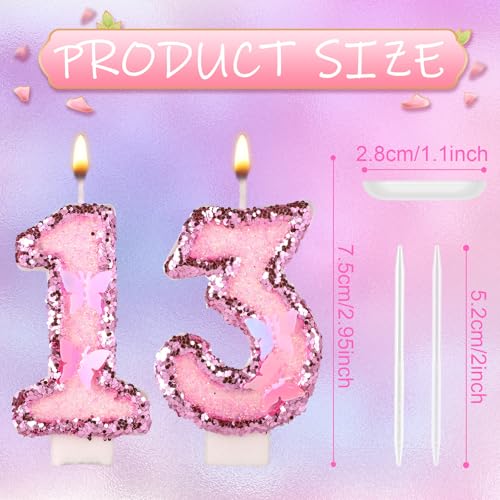 Girls Birthday Number 13 Candles, 2.95in Glitter Butterfly Happy Birthday Cake Toppers Pink Sequins Wedding Numeral Cupcake Decorations for Anniversary Celebration Party Supplies (13th)