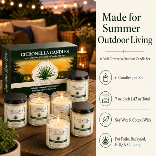 Citronella Candles Outdoor - 6 Pack Soy Wax Citronella Candles, 42 oz 300 Hours Total Outdoor Candle Set for Patio Backyard, Garden, Balcony, Deck, Porch, BBQ, Camping & Summer Parties