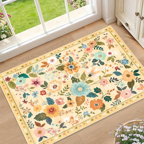 RELEANY Floral Washable 2x3 Area Rugs Doormat Yellow/Orange