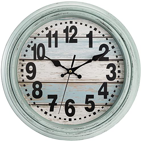 ZENFUN 12'' Rustic Wall Clock, Silent Non Ticking Clock Quartz Wall Clock Battery Operated, Country Style Wall Decoration for Kitchen Living Room Home, Office, School, Large Numbers, Green