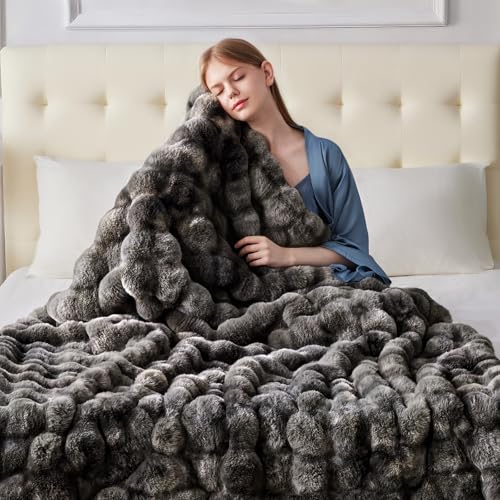 Anysay Faux Fur Throw Blanket, 1000GSM Fluffy Soft Bubble Blanket for Couch Bed, Cozy Plush Warm and Thick Blanket, Fuzzy Rabbit Throw for Living Room Bedroom 50''*60'' Tie-dye Grey