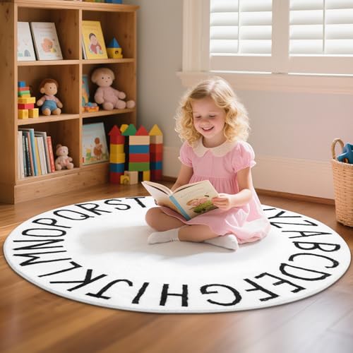 SHACOS Soft Fluffy 4 Ft Round ABC Rug Non Slip Washable for Kids Room Playroom Nursery Alphabet Educational Classroom Carpet, White Printed Letters