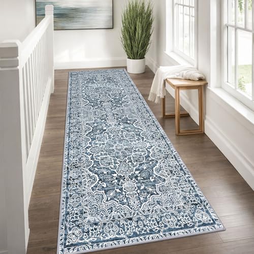 Vintage Washable Kitchen Runner 3x8 Washable 8 ft Blue White Runners