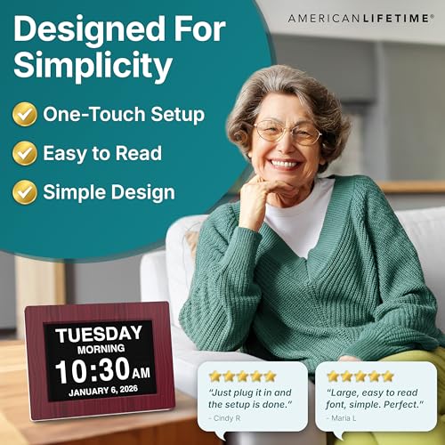 American Lifetime, New Version, Day Clock Extra Large Impaired Vision Digital Clock with Battery Backup and 5 Alarm Options, Premium Mahogany Color, 8 inch