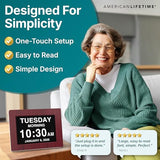 American Lifetime, New Version, Day Clock Extra Large Impaired Vision Digital Clock with Battery Backup and 5 Alarm Options, Premium Mahogany Color, 8 inch