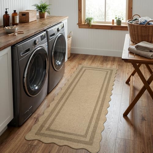 LIVEBOX Scalloped Easy Jute 2x5 Runner Kitchen Rug, Washable Non Slip Tan Rugs for Entryway Hallway, Indoor Outdoor Rug Geometric Farmhouse Carpet Door Mat Runners for Porch Bedroom Laundry Room