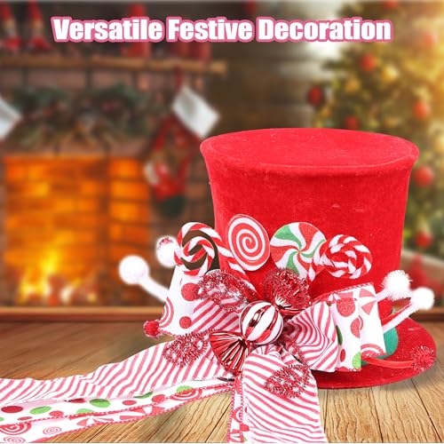 HMASYO Candy Cane Christmas Tree Topper, Velvet Red Tree Topper Hat with Candy Peppermint Bows Ribbon Ornament, Top Hat Christmas Tree Topper for Home Office Holiday Tree Decoration Xmas Gift