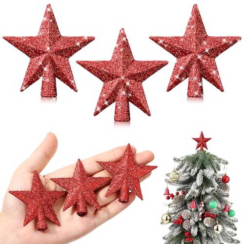 Hanaive 3 Pcs Mini Christmas Tree Topper Small Star Christmas Treetop Ornaments for Mini Tree Holiday Decorative Star for Xmas Home Decor(2.36 Inch,Glitter Red)