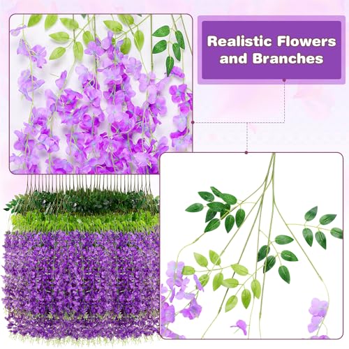 Alotiki Wisteria Hanging Flowers,12 Pack Fake Hanging Flowers,Wisteria Artificiales Garland for Home Wedding Arch Floral Party Garden Ceremony Outdoor Decor,3.6 Feet Long(12,Purple)