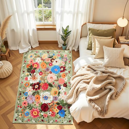 Green Floral Area Rug 3x5 for Bedroom Entryway