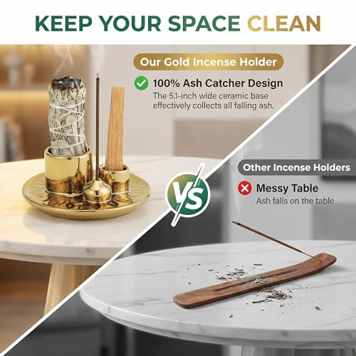 Handmade Ceramic Incense Burner for Palo Santo Incense Sticks, 4 in 1 Multi-Purpose Sage Holder for Burning, Ash Catcher Tray for Meditation Yoga Room (Golden)