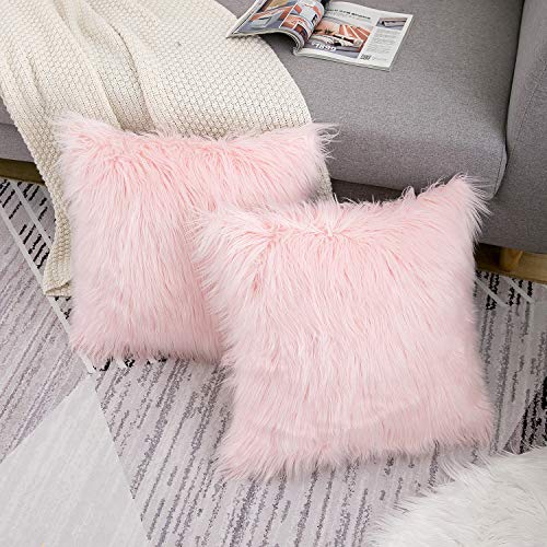 Pink Faux Fur Pillow Covers 18x18 Inch,Set of 2 Plush Decorative Throw Pillow Case for Couch Sofa Bed, Soft Fluffy Blush Pink Cushion Cover with Hidden Zipper for Bedroom Girls Room Dorm Decor