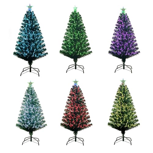 4FT Pre-lit Fiber Optic Christmas Tree with Lighted Star, PVC & Iron Construction, Green Artificial Christmas Tree with 141 Branch, Indoor Christmas Decorations, Holiday Home Xmas Decoration
