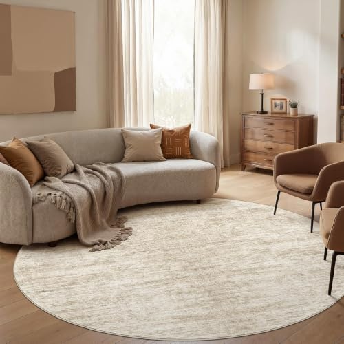 Area Rugs Round 8ft Washable Abstract Carpet Beige Brown