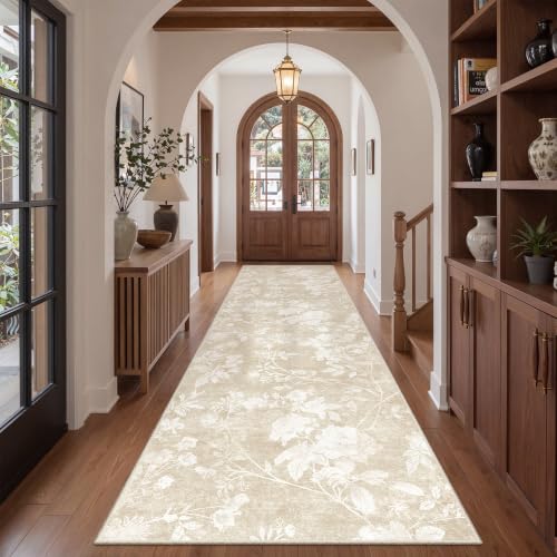 Soalmost Hallway Runner Rug 3x10, Neutral Floral Washable Runner Rug Beige