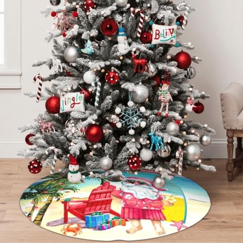 Mele Kalikimaka Hawaii Christmas in July Beach Santa Claus 36 Inch Christmas Tree Skirt Carpet Mat Funny Party Soft Cover Mat Decor Supplies for Xmas Halloween Decorations Occasion Farmhouse