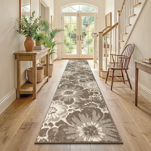 Findosom Hallway Runner Rug 2x10, Non Slip High-Low Textured Floral Washable Runner Rug with Rubber Backing, Boho Carpet Runner for Kitchen, Entryway, Bedroom, Laundry, Brown