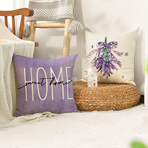 AVOIN colorlife Lavender Home Sweet Home Spring Throw Pillow Covers, 18 x 18 Inch Purple Summer Cushion Case for Sofa Couch Set of 4