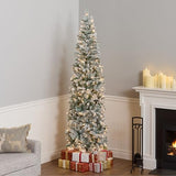 National Tree Company 7.5 ft Pre-Lit Flocked Acacia Slim Artificial Christmas Tree, 350 Clear Lights, 641 Tips, Includes Stand, Green
