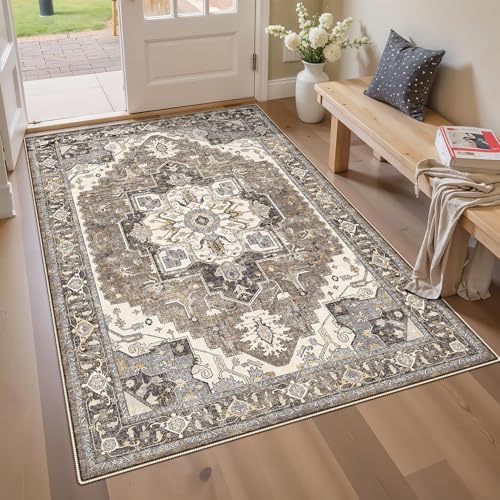 4x6 Area Rug for Living Room - Machine Washable Rugs with Non-Slip Backing Large Bedroom Carpet Distressed Oriental Non-Slip Non-Shedding Soft Thin Floor Mat for Dining Room Playroom(Beige,4x6)