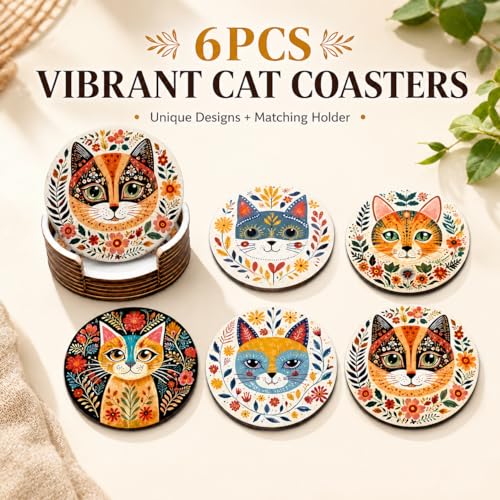 6pcs Vibrant Cat Coasters - 3.93" Floral & Leaf Patterns, Heat-Resistant Plastic Cup Coasters for Home, Bar, Office Use - Hand Washable Cat Decor Accessories