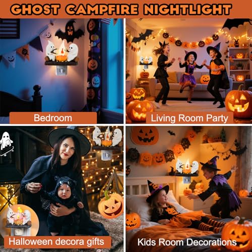 Ghost Campfire Nightlight,Halloween Campfire Flickering Night Light,3D Spooky Fire Marshmallow Night Light for Halloween Decor (Cute Ghost)