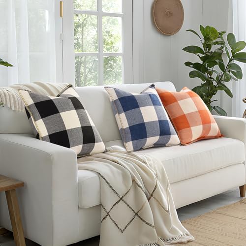 decorUhome Fall Buffalo Plaid Check Throw Pillow Covers 18x18 Set of 2 Outdoor Linen Decorative Farmhouse Gingham Coastal Pillow Covers with Stitched Edge for Bed Couch Sofa, Navy Blue and White