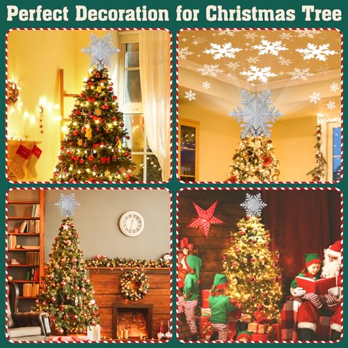 Christmas Tree Topper Lighted with 6 Projection Slides, PliMook Snowflake Christmas Tree Topper LED Rotating 3D Lighted Tree Toppers Glitter Tree Topper Projector for Christmas Tree(Silver)