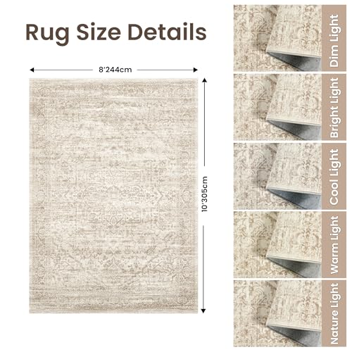 Rugland 8x10 Area Rugs - Stain Resistant Washable Rugs 8x10, Anti Slip Large Rugs for Living Room, Vintage Tribal Bedroom Area Rugs(8'x10', Distressed Beige)
