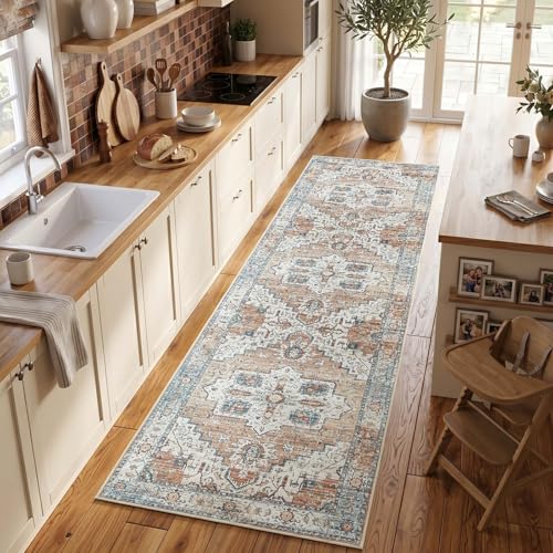jinchan 3x8 Runner Vintage Medallion Washable Area Rug, Blue/Orange