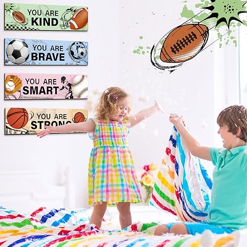 Geetery 4 Pcs Sport Bedroom Wall Decor Boys Room Decor for Kids Soccer Basketball Baseball Football Wall Art Inspirational Wooden Hanging Sign for Boys Girls Kids Nursery Playroom Kindergarten