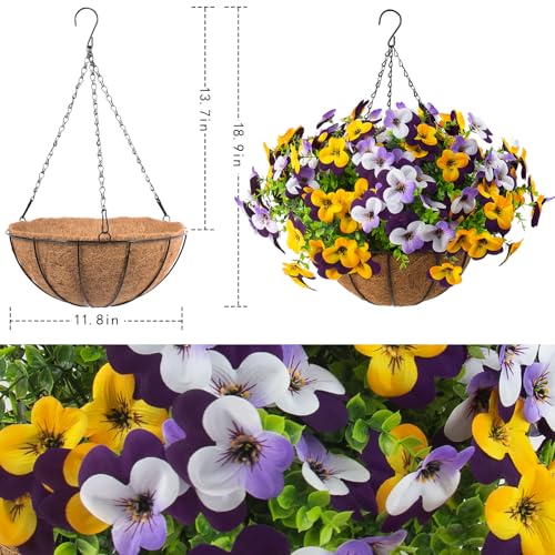 2 Set Artificial Outdoor Pansy Flowers with Hanging Baskets, 2 Hanging Baskets with 24 Pcs Silk Flowers for Spring Easter Decorations Porch Patio Home Decor (2, Purple, Yellow, White, Light Purple)