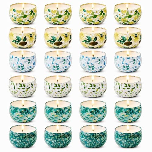 24 Pack Mini Scented Candles for Party Favors, 2.5 oz Soy Wax Tin Candle Gift Set, 6 Fresh Botanical Scents x 4 Each, Small Gifts for Bridal Shower, Baby Shower, Wedding Favors, Teachers