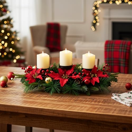 YULETIME 28" Christmas Triple Candelabrum, Poinsettia, Baubles, Red Berries