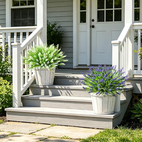 AmyHomie Artificial Plants & Flowers for Outdoors – 16 Bundles White Fake Lavender Flowers & Monkey Grass, UV Resistant Faux Greenery for Patio, Porch, Planter, Garden and Window Decor
