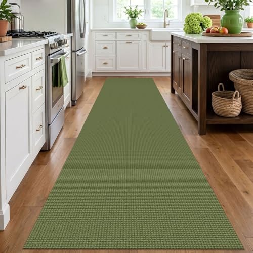Washable Runner Rug 3x12 Non Slip Rubber Backed Extra Long Hallway Runner Entryway Runner Indoor, Kitchen Rugs Woven Cotton Floor Carpet for Hall Entrance, Olive Green/Earthy Green