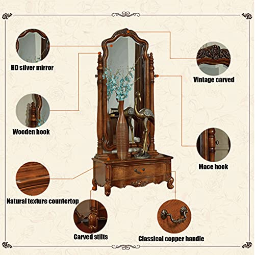 Solid Wood Dressing Mirror Home Floor Mirror Classical Dressing Mirror European Style Retro Bedroom Storage with Pumping Full-Length Mirror