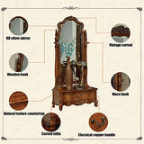 Solid Wood Dressing Mirror Home Floor Mirror Classical Dressing Mirror European Style Retro Bedroom Storage with Pumping Full-Length Mirror