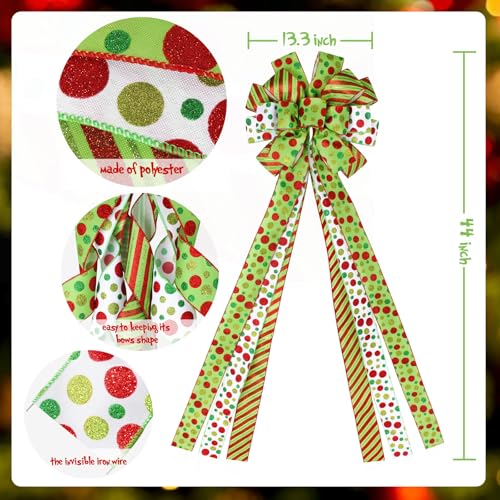 Wninbu Christmas Tree Topper Bow Wreath, 44 x 13 Inches Large Bow Tree Topper, Glitter Red and Green Christmas Wreath for Tree Indoor Outdoor Christmas Decoration