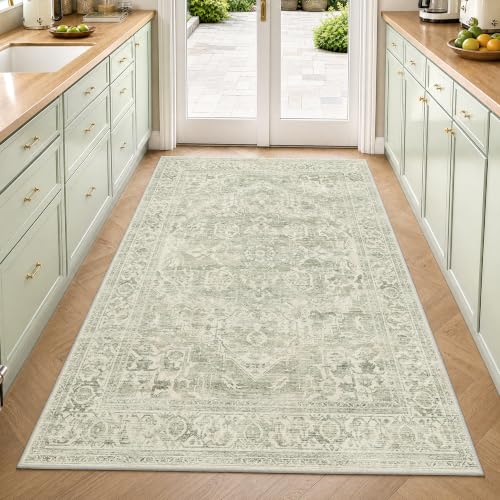FMFUNCTEX 4x5 Washable Green Neutral Oriental Distressed Entryway Area Rug