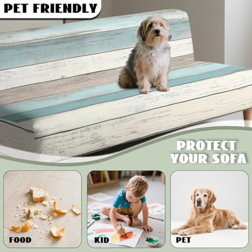 Decorative Armless Futon Cover Stretch Futon Sofa Bed Slipcover Machine Washable Printed Couch Cover Non-Slip Furniture Protector for Home Decor, Wood Grain Print White Blue
