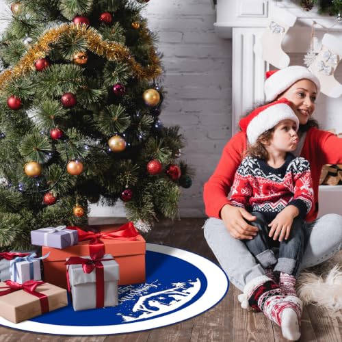 48 Inch Christmas Tree Skirt Nativity Scene Holy Family Xmas Tree Mat Jesus is the Reason for the Season Tree Skirt Pad Double Layer Round Tree Skirt for Christmas Jesus Party (Blue)
